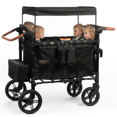 Real Relax Wagon Stroller for 4 Kids, Collapsible 4-Seater Stroller Wagon with 5-Point Safety Harness, UV-Protection Canopy, Detachable Tray, Adjustable Handle, All-Terrain Wheels