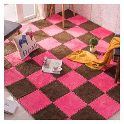 JIQHOHX Splice Interlocking Carpet 12 Pieces Square Plush Puzzle Foam Mat, Fluffy Interlocking Rug, Interlocking Foam Rug, Multi-Purpose Floor Mats Foam Carpet (Dark Curry+Rose Red)