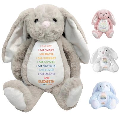 TM TEEMAN I Am Kind I Am Smart - Personalized Soft Toy Bunny, Custom Affirmation Stuffed Bunny for Babies & Kids, Christian Easter Gift from Grandma, I Am Kind Smart Loved Stuffed Bunny (Grey)