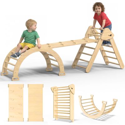 CMFYDAILY Large Pikler Triangle Set, 7-in-1 Toddler Climbing Toys Indoor, Wooden Montessori Climbing Set with Arch Ramp Ladder, Foldable Baby Jungle Gym Playground (Wood)