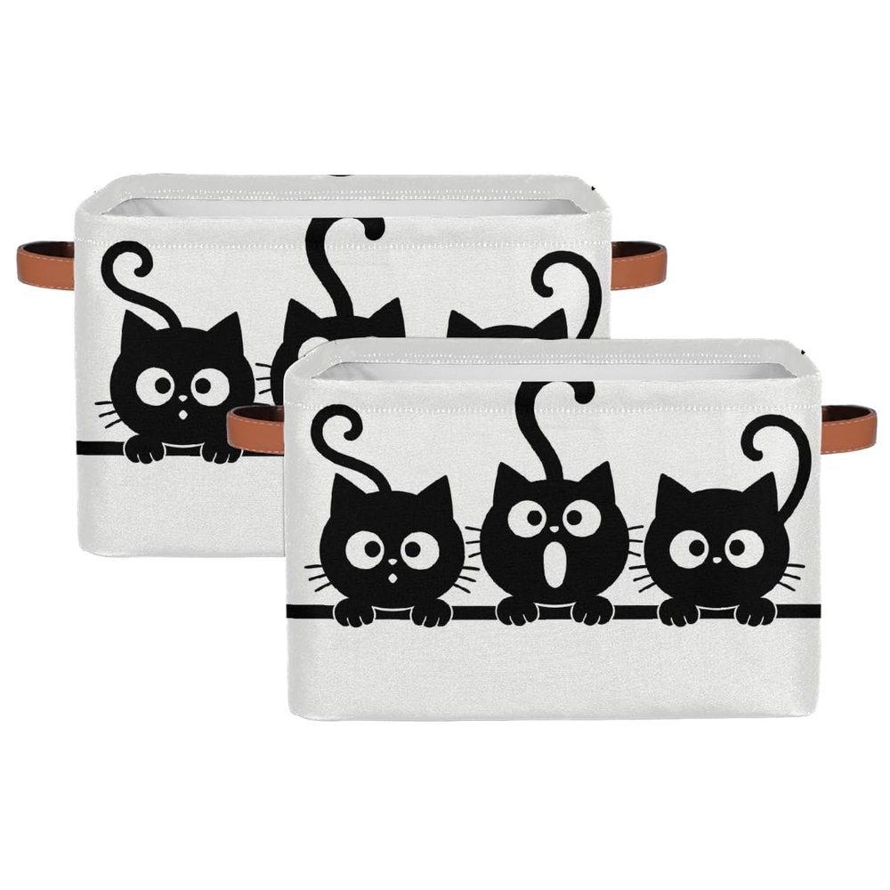 Potluxt Rectangular Nursery Baby Basket, Collapsible Kids Toy Clothes Storage Bin Organizer Gift Baskets for Bookshelf Playroom Bedroom Decor(2Pcs, Kitty Meow)