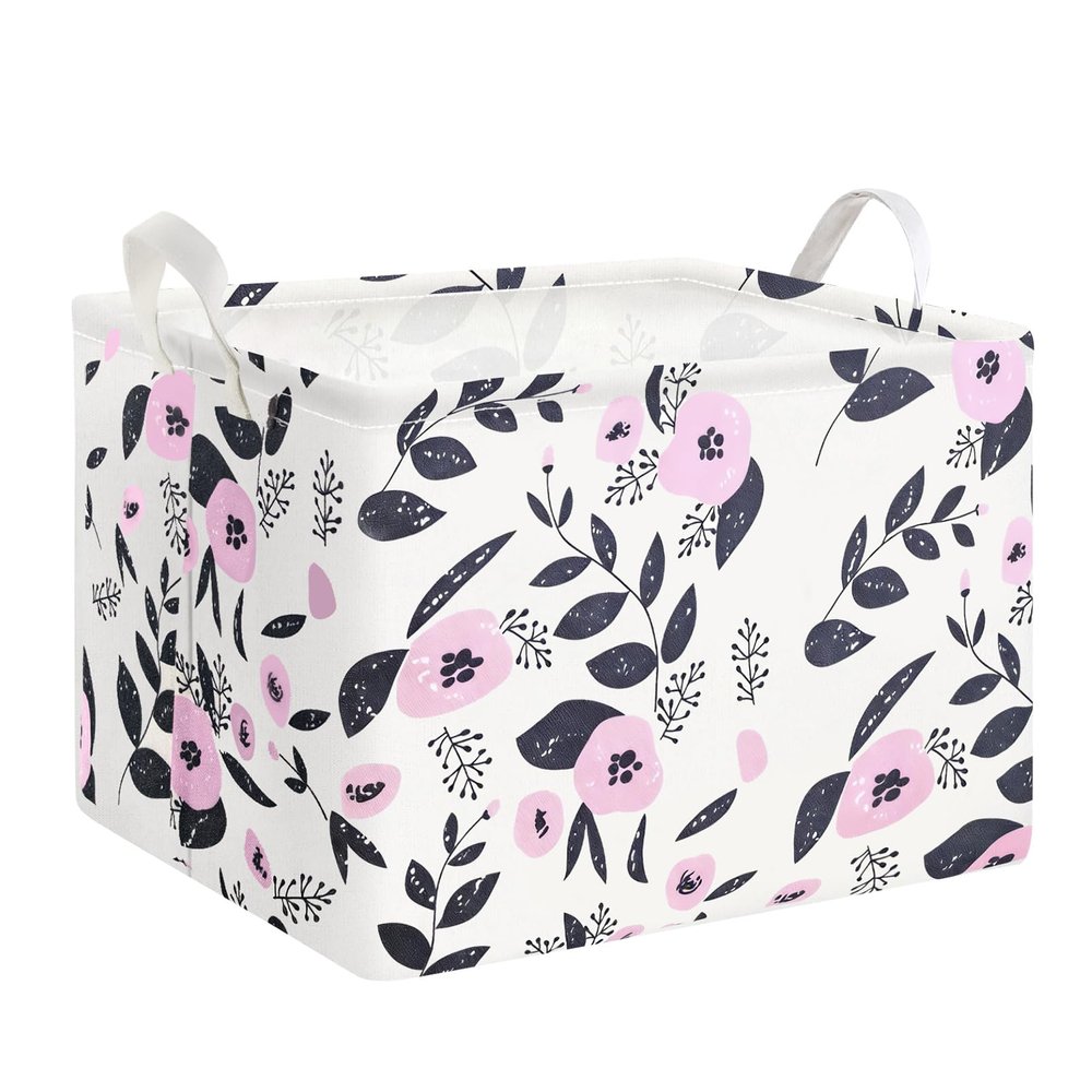 Mziart Cute Storage Basket with Handles, Rectangle Nursery Toy Storage Bins for Baby Kids Girls Room Decor, Waterproof Canvas Gift Basket Empty (Pink Flowers)