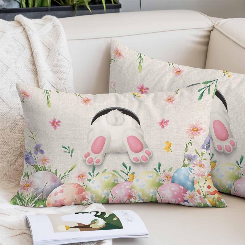 Toddler Pillow Covers 16x24 Inch, Easter Decorative Pillowcase with Zipper, Microfiber Pillow Protector, Country Spring Rabbit Feet Eggs Botanical Flowers Breathable Throw Pillowcases for Sofa Bed