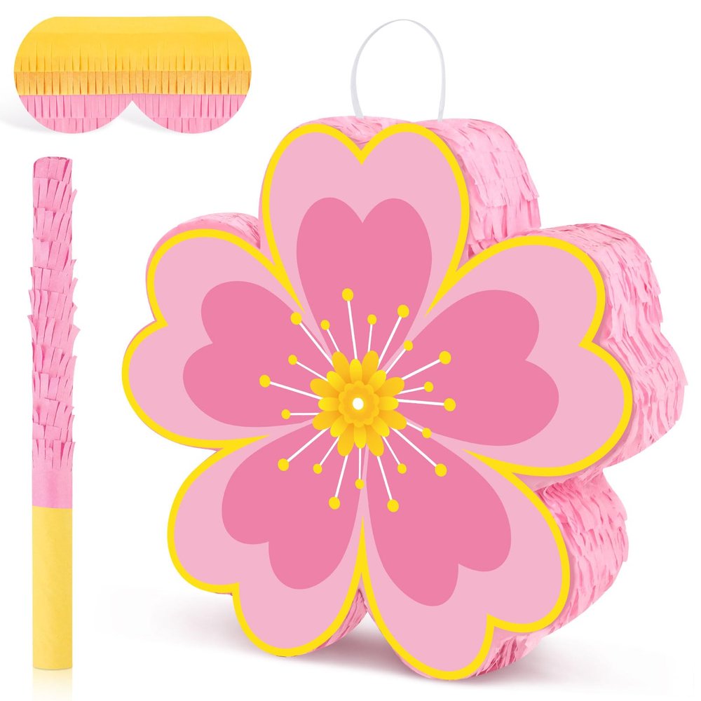 Adecortalk Daisy Flower Piata Daisy Hippie Boho Pinata Pink Flower Pinata with Blindfold and Stick for Kids Boys Girls Birthday Baby Shower Gender Reveal Wedding Floral Party Supplies