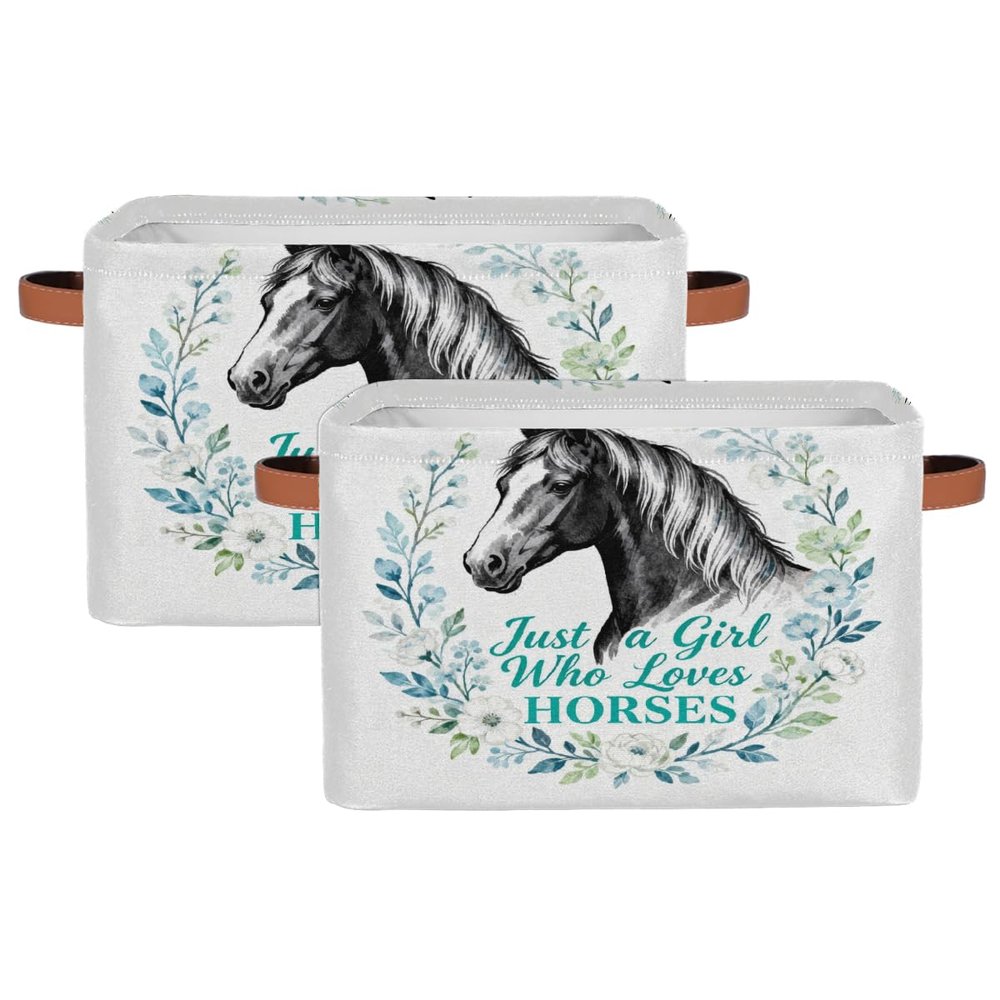 Potluxt Rectangular Nursery Baby Basket, Collapsible Kids Toy Clothes Storage Bin Organizer Gift Baskets for Bookshelf Playroom Bedroom Decor(2Pcs, Just Loves Horses)