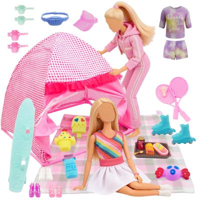 25 PCS Girl Doll Travel Camping Tent Set, 11.5 Inch Doll Camping Playset with Dolls Tent Skateboard Fashion Athletic Tennis Clothing Picnic Mat Food Accessories, Pretend Play Outdoor Adventure Toy