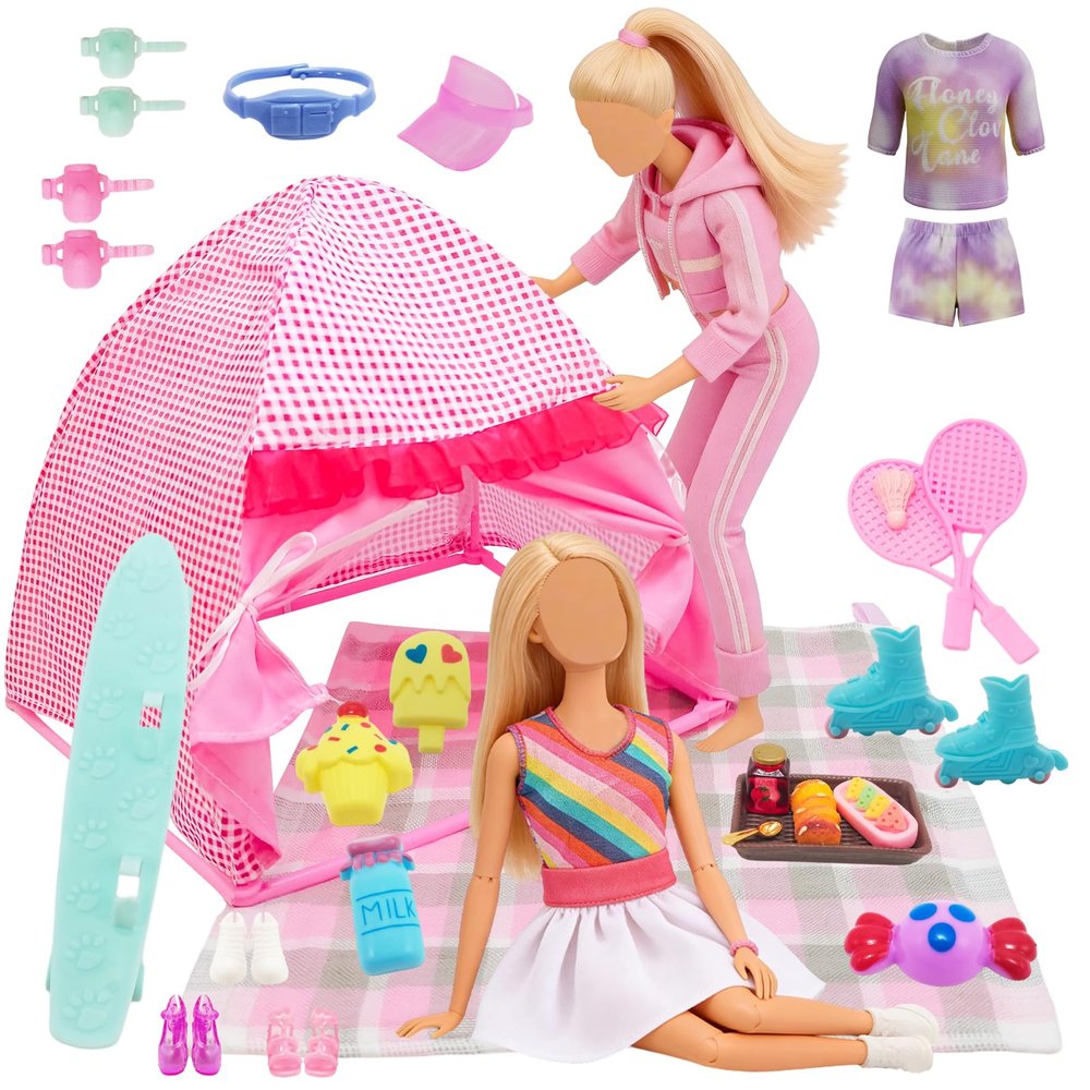 25 PCS Girl Doll Travel Camping Tent Set, 11.5 Inch Doll Camping Playset with Dolls Tent Skateboard Fashion Athletic Tennis Clothing Picnic Mat Food Accessories, Pretend Play Outdoor Adventure Toy
