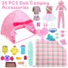 25 PCS Girl Doll Travel Camping Tent Set, 11.5 Inch Doll Camping Playset with Dolls Tent Skateboard Fashion Athletic Tennis Clothing Picnic Mat Food Accessories, Pretend Play Outdoor Adventure Toy view 2