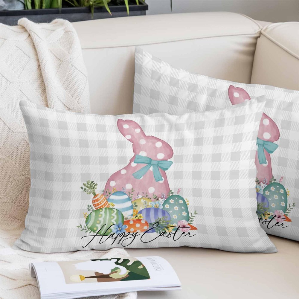 Toddler Pillow Covers 16x24 Inch, Gray Easter Decorative Pillowcase with Zipper, Microfiber Pillow Protector, Spring Polka Dots Bunny Easter Eggs Plaid Breathable Throw Pillowcases for Sofa Bed
