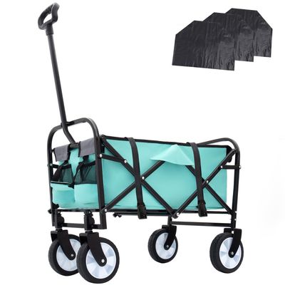 Heavy-Duty Collapsible Wagon Cart with Waterproof Plastic Liner Set  All-Terrain Utility Cart for Gardening, Beach, Camping & Grocery (Green + Steel)