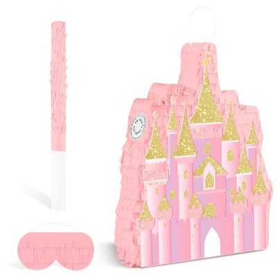 Adecortalk Princess Castle Pinata Pink Castle Pinata with Blindfold and Stick Princess Birthday Party Decorations for Kids Girls Princess Birthday Baby Shower Party Decorations (15.4x12.6x3.2)