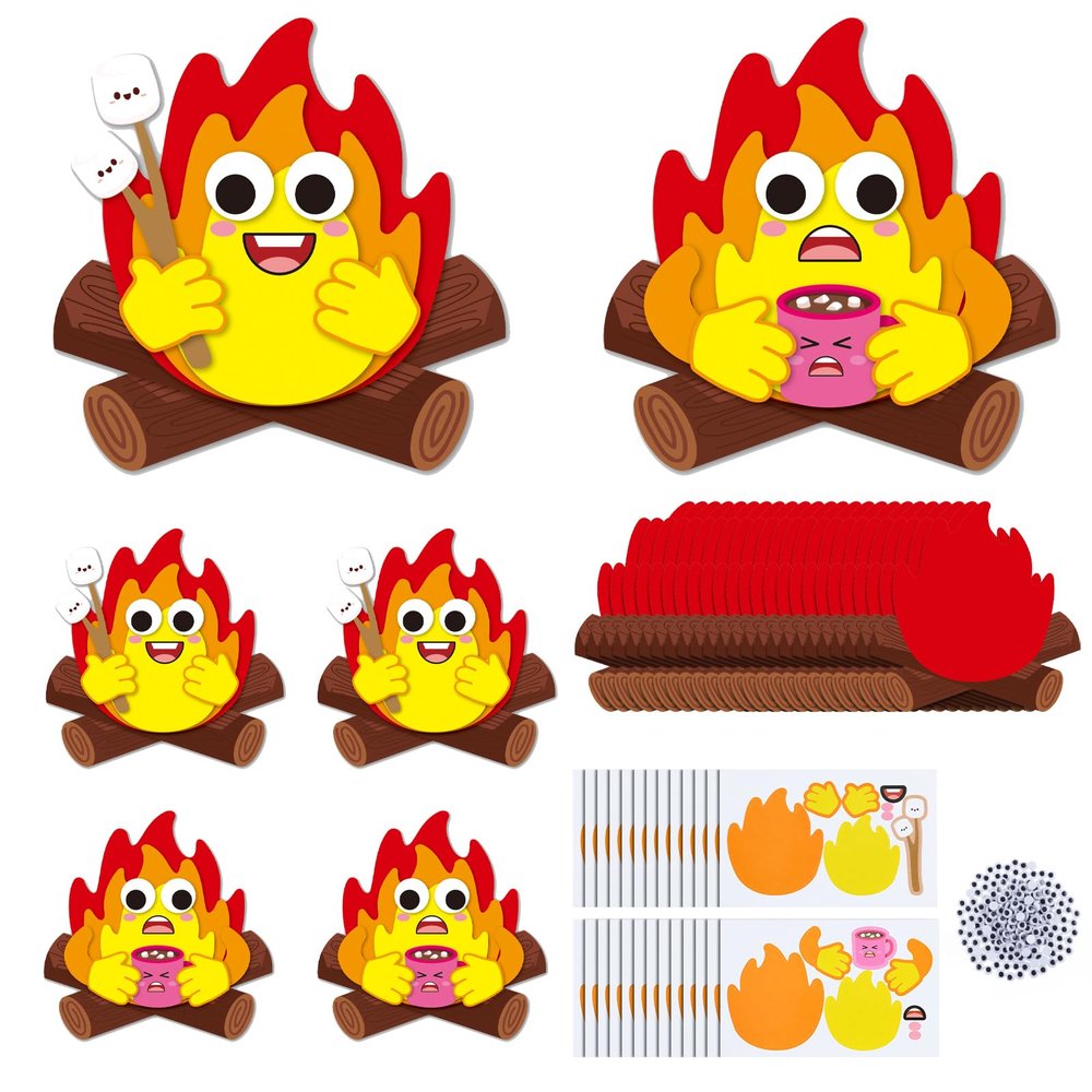 Jenaai 24 Pcs Silly Campfire Craft Kit Fun Camping Crafts for Kids 2 Styles Bonfire Project with Adhesive Eyes Camping Themed Party Favors for VBS Summer Camp Classroom Decor, 4.33 x 4.33 Inch