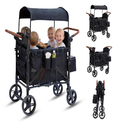 Stroller Wagon for 4 Kids, 4 Seater Wagon Stroller with Snack Tray, Large Storage Bag, Phone Cup Holder, Removable Canopy, Foldable Wagon Stroller 4 Seater with Adjustable Push Handles (Deep Black)