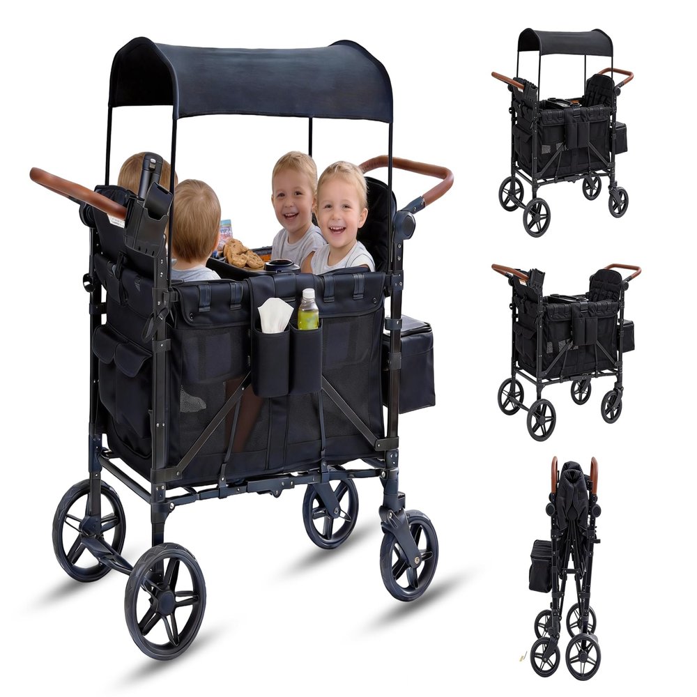 Stroller Wagon for 4 Kids, 4 Seater Wagon Stroller with Snack Tray, Large Storage Bag, Phone Cup Holder, Removable Canopy, Foldable Wagon Stroller 4 Seater with Adjustable Push Handles (Deep Black)