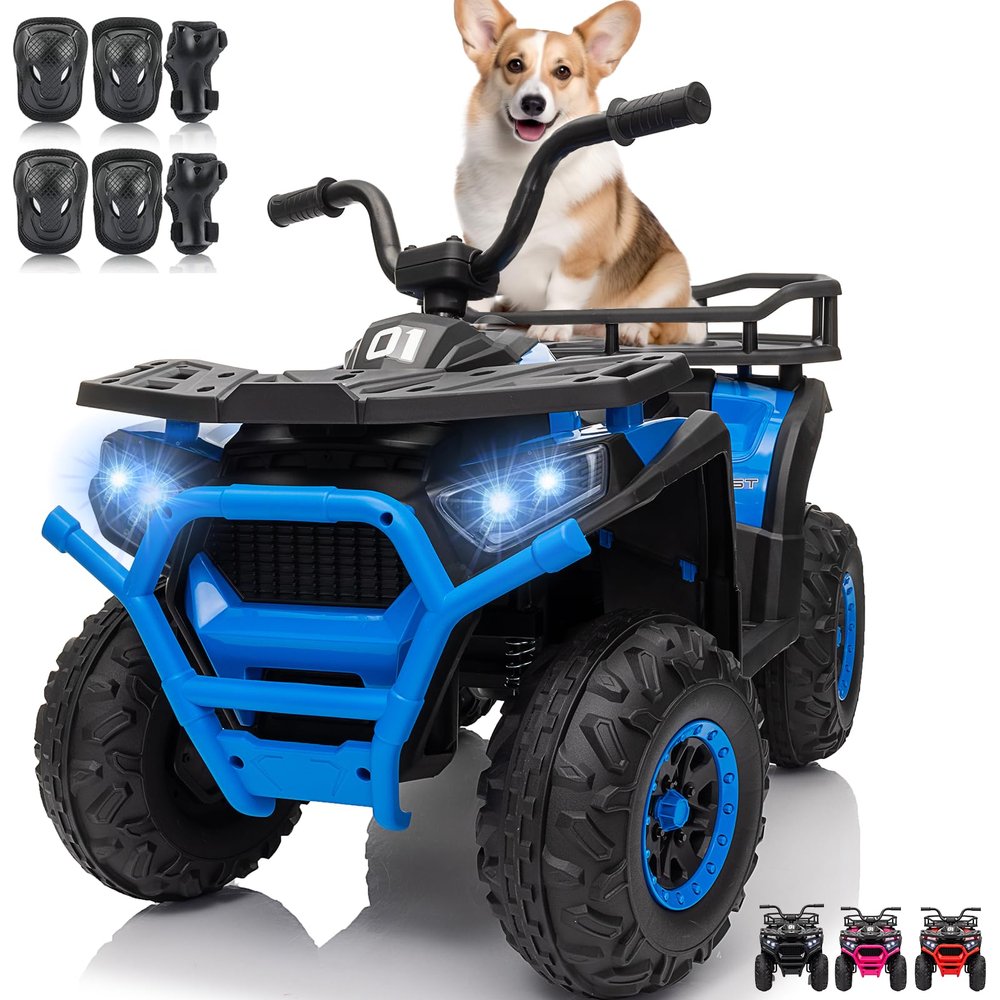 24V 4x4 Ride on Toys Car, BLISSRIDE Kids ATV Quad w/Kneepads, 5Mph Max Speed, Music, LED Lights, Rear Storage Rack, Big Tires, Safe Soft Start&Brake, Electric 4 Wheeler for Kids Boys Girls, A Blue