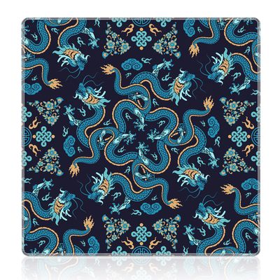 Cquwb Deep Blue Green Chinese Dragon Mahjong Mat 31.5"x31.5", Traditional Oriental Chinoiserie Non-Slip Noise Reduction Gaming Mat for American Mahjong Poker Card Board Games Dominoes