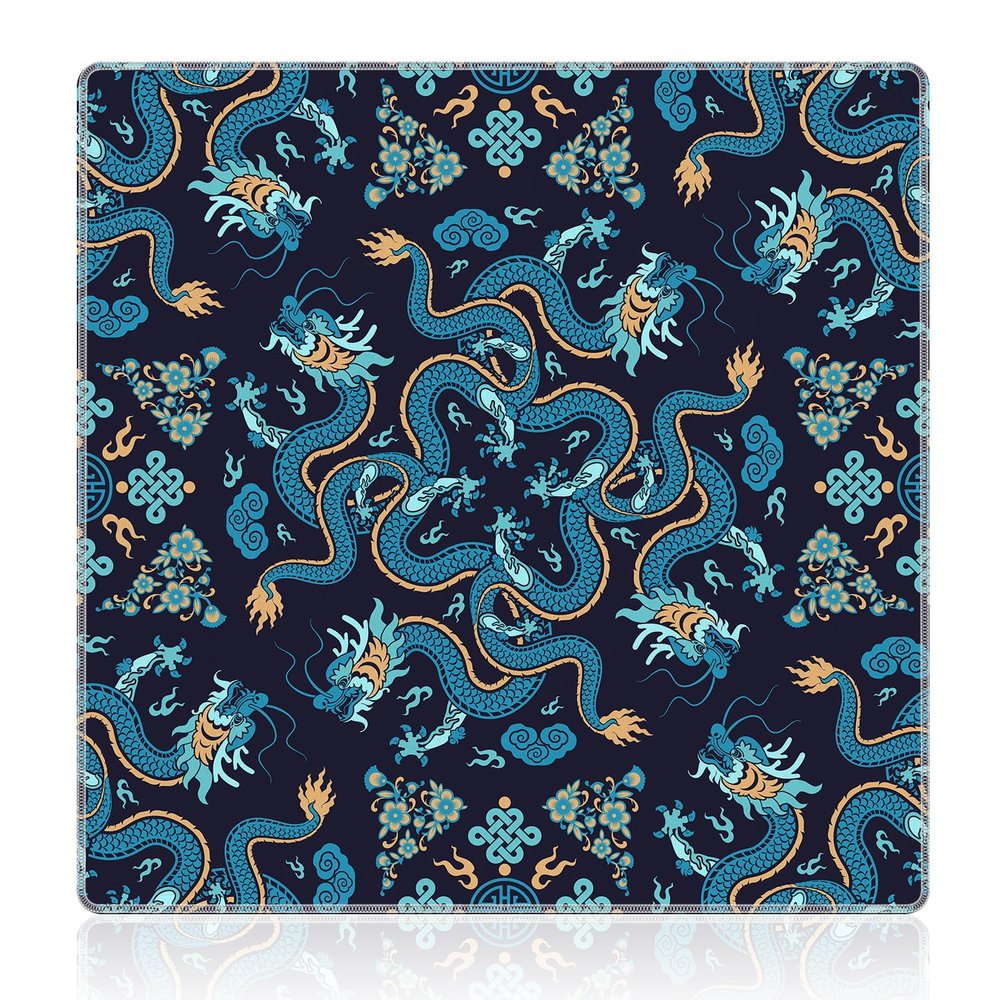 Cquwb Deep Blue Green Chinese Dragon Mahjong Mat 31.5"x31.5", Traditional Oriental Chinoiserie Non-Slip Noise Reduction Gaming Mat for American Mahjong Poker Card Board Games Dominoes