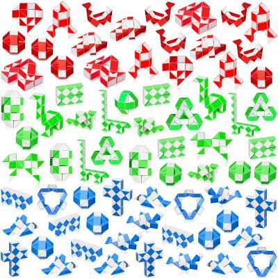 100 Pack 24 Blocks Fidget Snake Cube Mini Twist Magic Snake Puzzle Speed Cubes for Stocking Party Gifts Bag Fillers Party Favors (Blue,Green,Red)