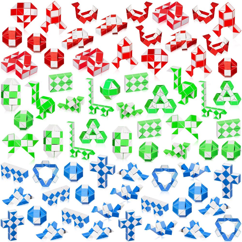 100 Pack 24 Blocks Fidget Snake Cube Mini Twist Magic Snake Puzzle Speed Cubes for Stocking Party Gifts Bag Fillers Party Favors (Blue,Green,Red)