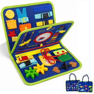 Montessori Busy Book for Toddlers 1-3 Busy Book for 1 Year Old, Sensory Busy Board with Zipper, Buckle, Velcro & Lacing, Fine Motor Skills, Hand-Eye Coordination, Travel Toy, Gift for Boys Girls