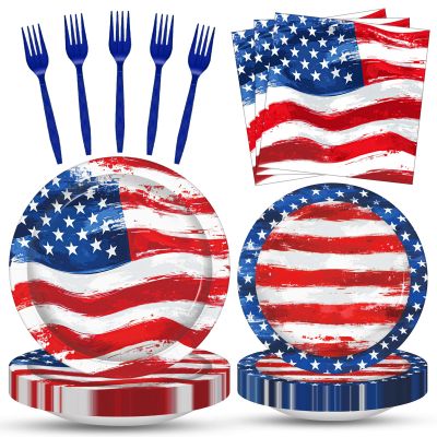 100 Pieces Watercolor American Flag Patriotic Tableware Party Supplies Set Disposable Paper Plates, Napkins, and Plastic Forks for Independence Day, , Memorial Day, Summer BBQs Table Decorations