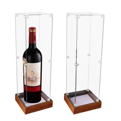 2 Pack Clear Acrylic Wine Bottle Display Case with Wooden Base, Dustproof Protection Single Red Wine Showcase for Champagne, Whiskey, Liquor, Beer, Figures, Collectibles (3.9'' x 3.9'' x 13.8'')
