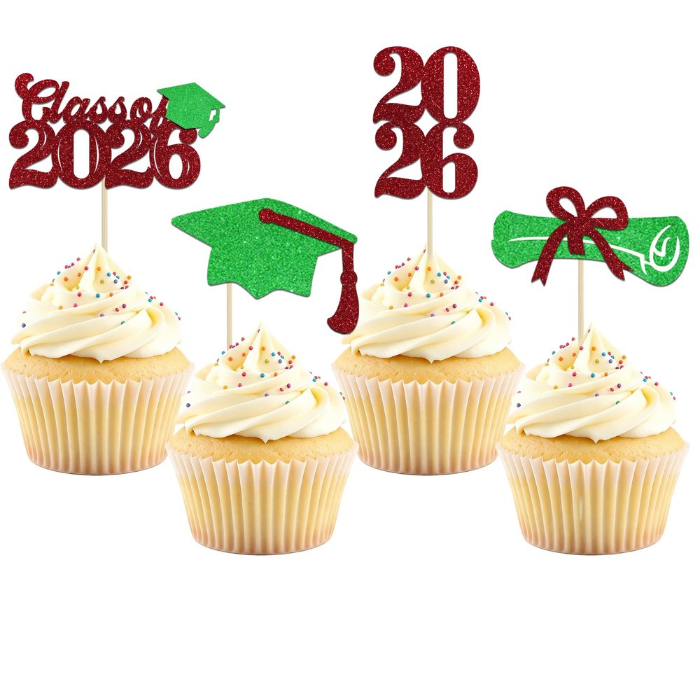 2026 Graduation Cupcake Toppers, 24 PCS Class of 2026 Mini Cake Decorations Glitter Green and Red Diploma & Graduation Cap Topper Food Appetizer Picks for 2026 Graduation Party Supplies