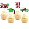 2026 Graduation Cupcake Toppers, 24 PCS Class of 2026 Mini Cake Decorations Glitter Green and Red Diploma & Graduation Cap Topper Food Appetizer Picks for 2026 Graduation Party Supplies view 1