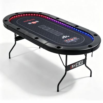 RAYKEEP LED Poker Table for 10 Players, 84" Folding Texas Holdem Blackjack Casino Table w/Inlaid 3-Color LED Light, Padded Rails & Cup Holders, Portable Card Game Table for Home Game Room & Parties