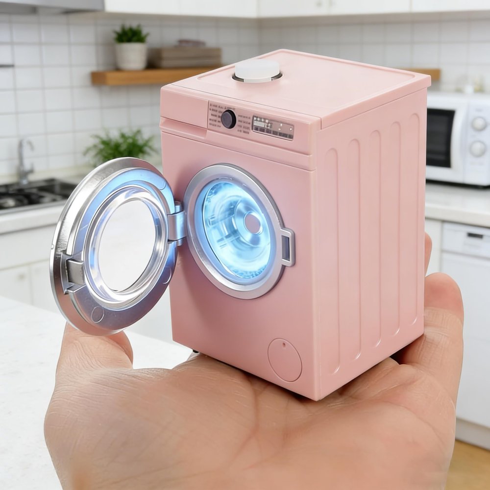 1:12 Scale Dollhouse Miniature Washing Machine, Real Rotating Drum with Openable Lid & Drain Pipe, Micro Landscape Decoration Accessories (Pink)