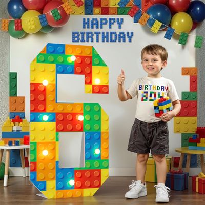 imprsv Building Block Birthday Decorations, 3FT Light Up Marquee Number 6