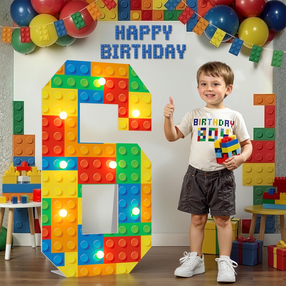 imprsv Building Block Birthday Decorations, 3FT Light Up Marquee Number 6