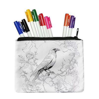 Babrukda Crow Color Your Own Coin Bag Set with 8 Markers Flower DIY Painting Art Kit for Women Coloring Small Cosmetic Bag for Party Art Activity Holiday Gifts Doodle Craft Kit
