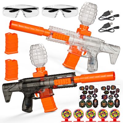2 Pack Splatter Blaster Electric Toys Transparent Style(Black & White) - Rechargeable Quick-Release Batteries, Goggles, Target for Age 14+