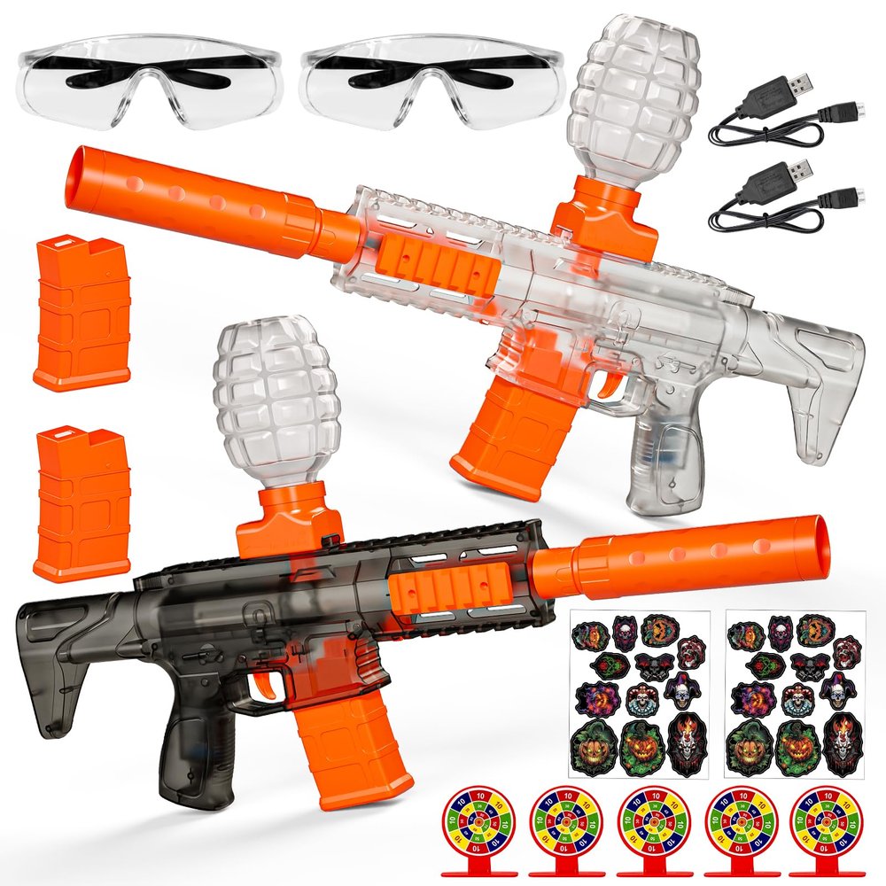 2 Pack Splatter Blaster Electric Toys Transparent Style(Black & White) - Rechargeable Quick-Release Batteries, Goggles, Target for Age 14+