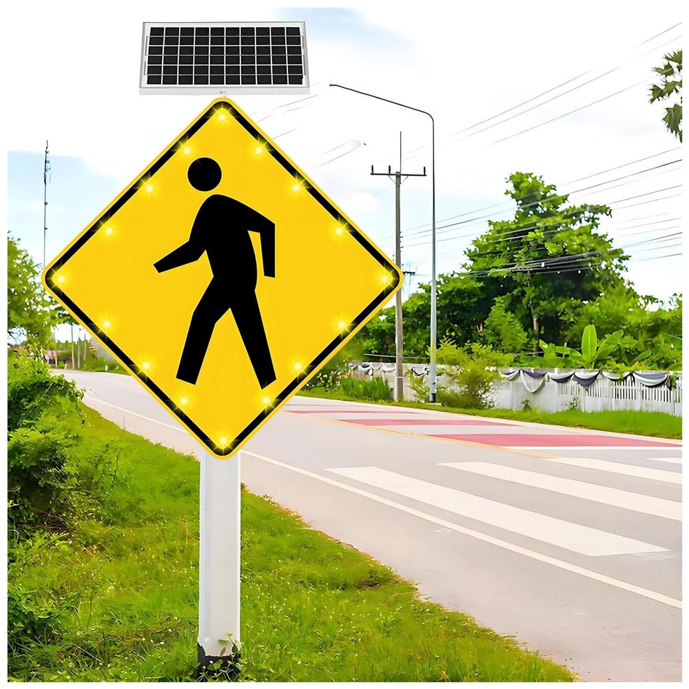 30IN Solar Powered Flashing LED Pedestrian Crossing Sign for Urban Roads & Schools, High Visibility Safety Light, Eco-Friendly Traffic Signal