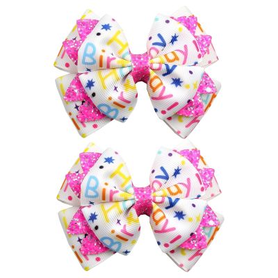 2PCS 3.5'' Pink Glitter Birthday Hair Bows, Birthday Girl Hair Accessories