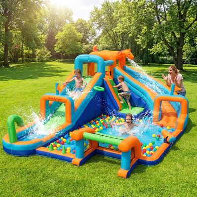 AirMyFun Inflatable Dinosaur Water Slide with Dual Racing Slides, 6-in-1 Mega Water Park for Kids with Soccer Goal and Basketball Hoop, 750W Blower Included