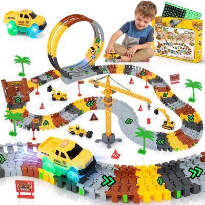 157 PCS Construction Race Tracks for Kids, Glow in The Dark Magic Toy Set with 360 Loop Ramp, 1 Light Up Car, 3 Construction Cars, Flexible DIY Track Set, Birthday Gift for 3-9 Year Old Boys Girls