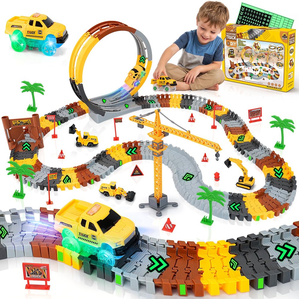 157 PCS Construction Race Tracks for Kids, Glow in The Dark Magic Toy Set with 360 Loop Ramp, 1 Light Up Car, 3 Construction Cars, Flexible DIY Track Set, Birthday Gift for 3-9 Year Old Boys Girls