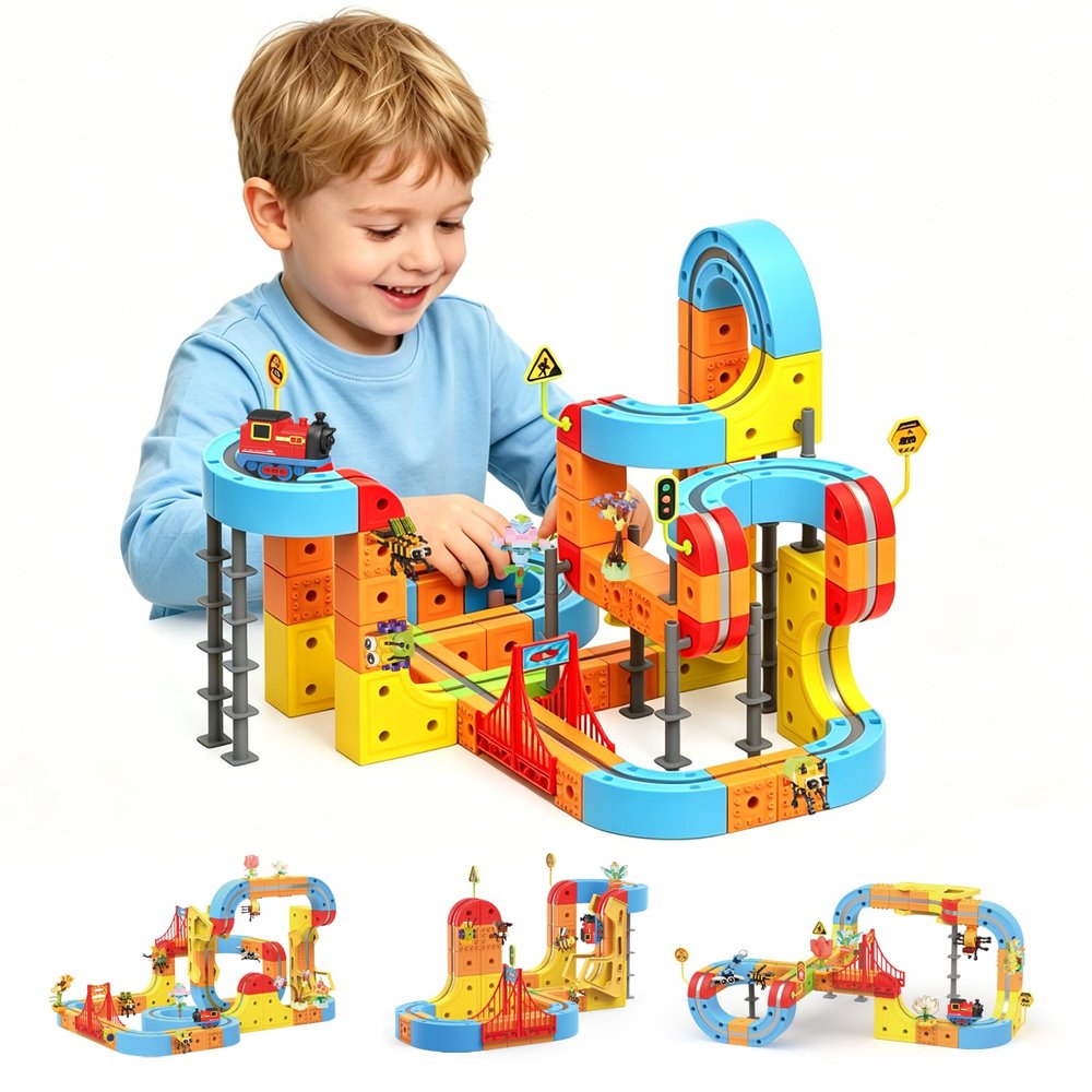 klick Rail Electric Train Set for Kids Ages 4-8, 122 PCS Magnetic 3D Flexible Race Track with Gravity-Defying 360 Loops, Motorized STEM Building Toy Gift for Boys Girls