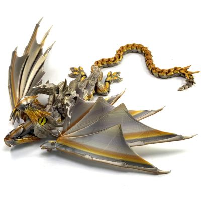 SGYYSG 3D Printed Articulated Dragon with Movable Wings, Tail & Open Mouth Poseable Fidget Toy, Office Desk Decor, Dragon Toys for Stress Relief (Gold Silver)