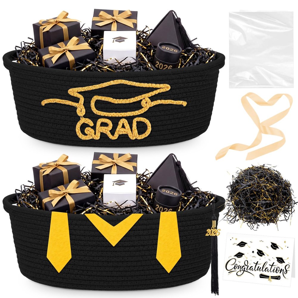 Colingmill 2 Pack 2026 Graduation Empty Gift Basket 14''x10''x5.5'' Woven Rope Basket Empty to Fill with Bag, Ribbon, Card, Tassel, DIY Congrat Gift for Class of 2026 Nurses Week
