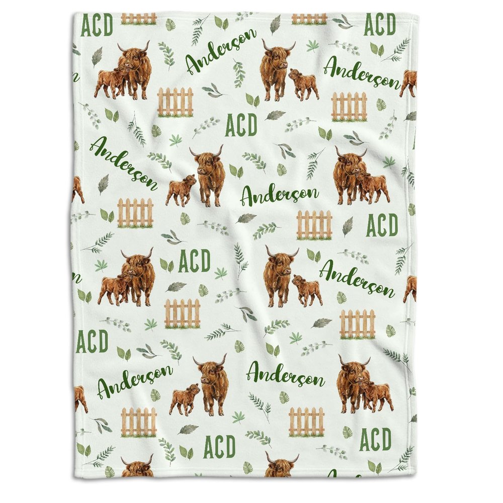 Highland Cow Baby Blanket, Personalized Name Western Fleece Blankets for Boys Girls, Nursery Room Decor, Soft Warm Lightweight Nursery Bed Blanket for Newborn Toddlers Son Daughter (06)