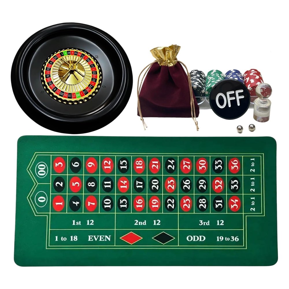 Korasuvilly Roulette Wheel Game Set with 16" Black Wheel & 35"x18" Green Mat - Casino Tabletop Party Game for Adults, Families, Friends, Portable Casino Night Set, Premium Gift Ideas, Ages 14 and Up