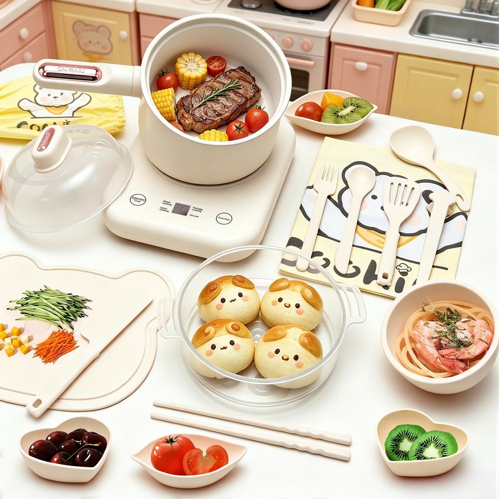 GoGoGoodie Montessori Kids Cooking Set Real, Mini Kitchen for Girl Ages 8-12 Montessori Educational (Beige)