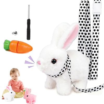 EISNZLAN My Realistic Bunny Toy,Hopping Bunny Toy,Vitality Bliss Bunny, Paired with a Leash and a Carrot,Easter Toys for Toddlers.(White Rabbit)