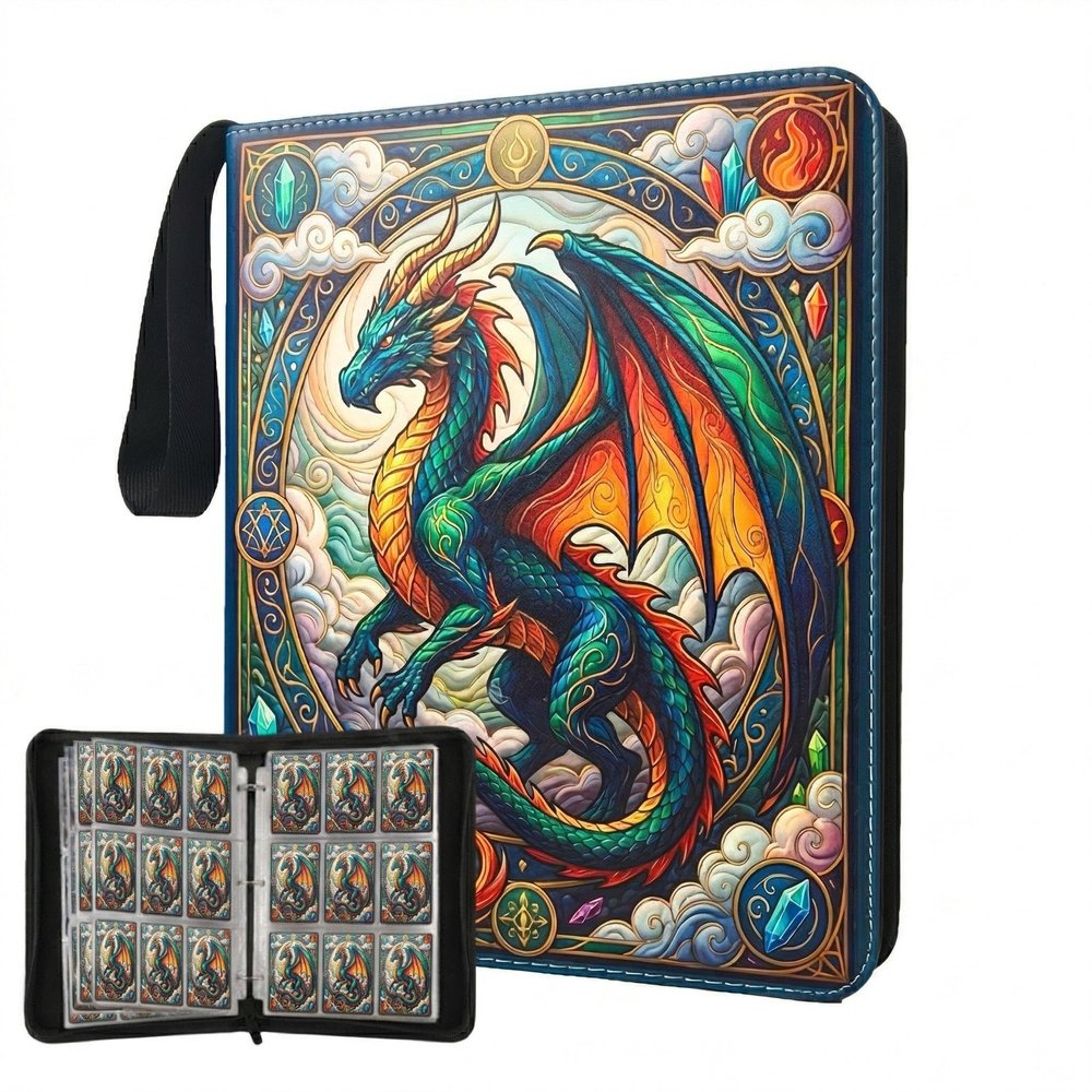 Trading Card Binder 9 Pocket, Deep Blue Dragon Card Binder Holds 900 Cards with 50 Removable Sleeves, Waterproof PU Leather Zipper Card Collector Album Book Compatible with TCG/Sports/Baseball Cards