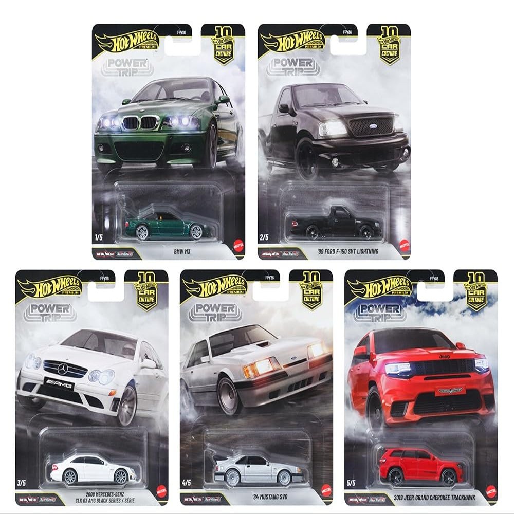 1:64 Scale Diecast Model Car Compatible with Hot Wheels 2026 Car Culture 10th Anniversary Power Trip R Case Set of 5 Cars, FPY86-961R
