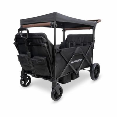 WONDERFOLD X4R Rev Stroller Wagon (4 Seater) - Collapsible Stroller Wagon with 5-Point Seatbelt Harnesses, Reclining Seats & Footwells, Black